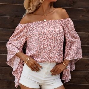 Bohemian Pink Floral Print Off Shoulder Ruffle Top